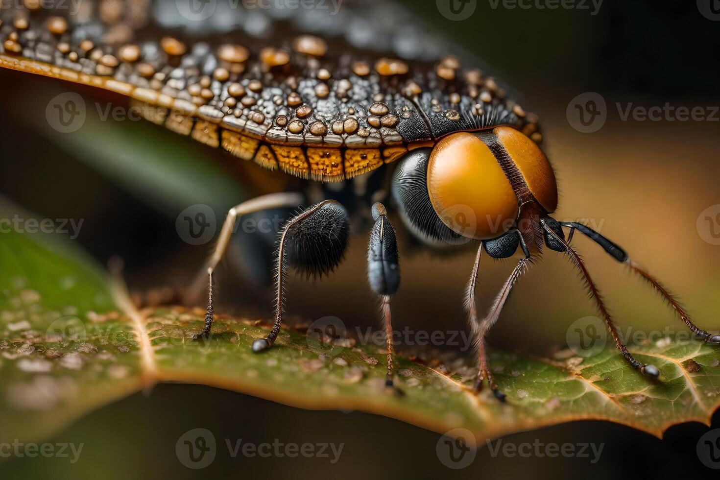 A close-up picture of a bug on a leaf that shows all the tiny details. It shows what life is like on the forest floor.. Creative resource, photo