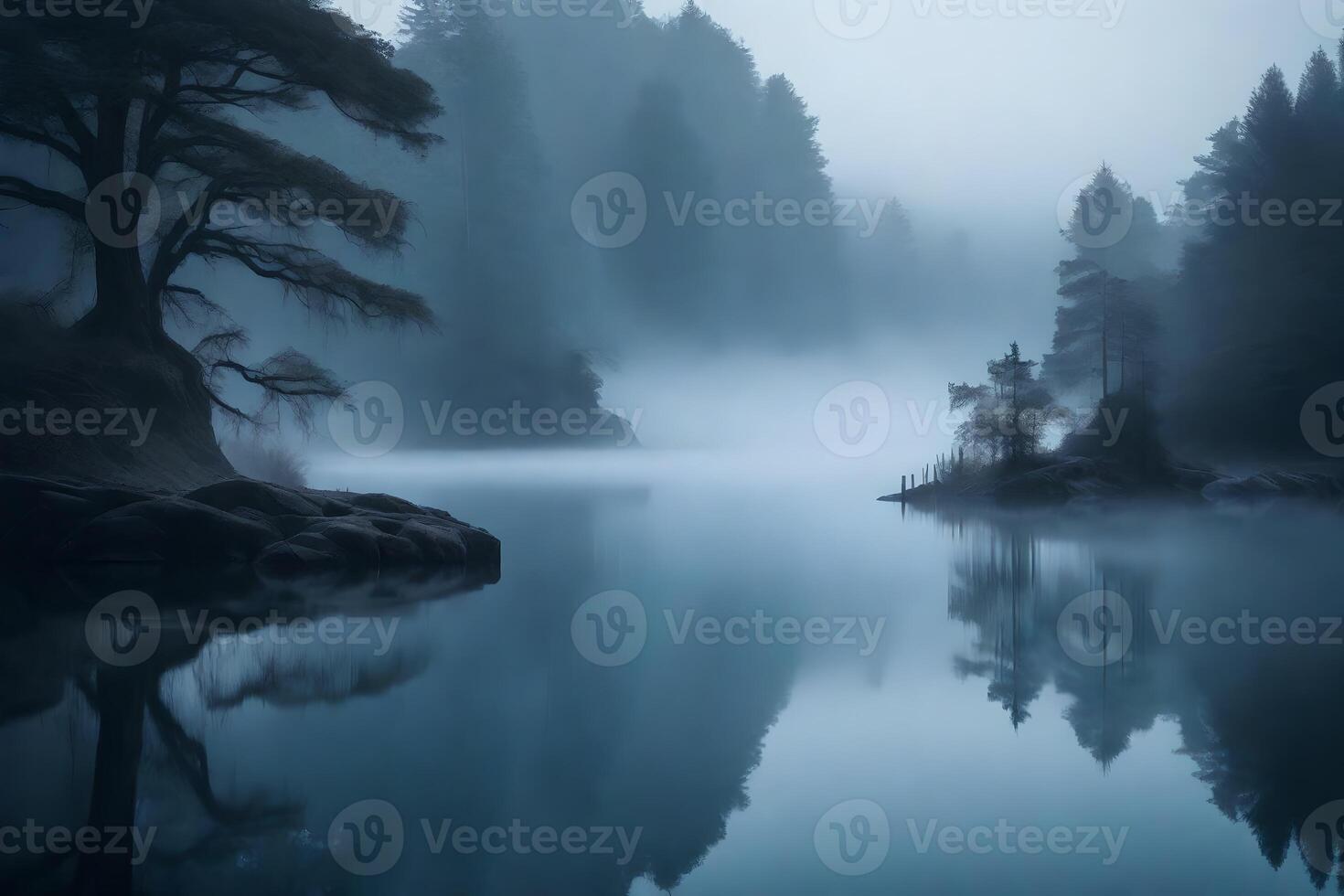 In the morning, a lake is covered in mist. The mist gives the lake a magical and soft appearance, with shades of gray and blue.. Creative resource, photo