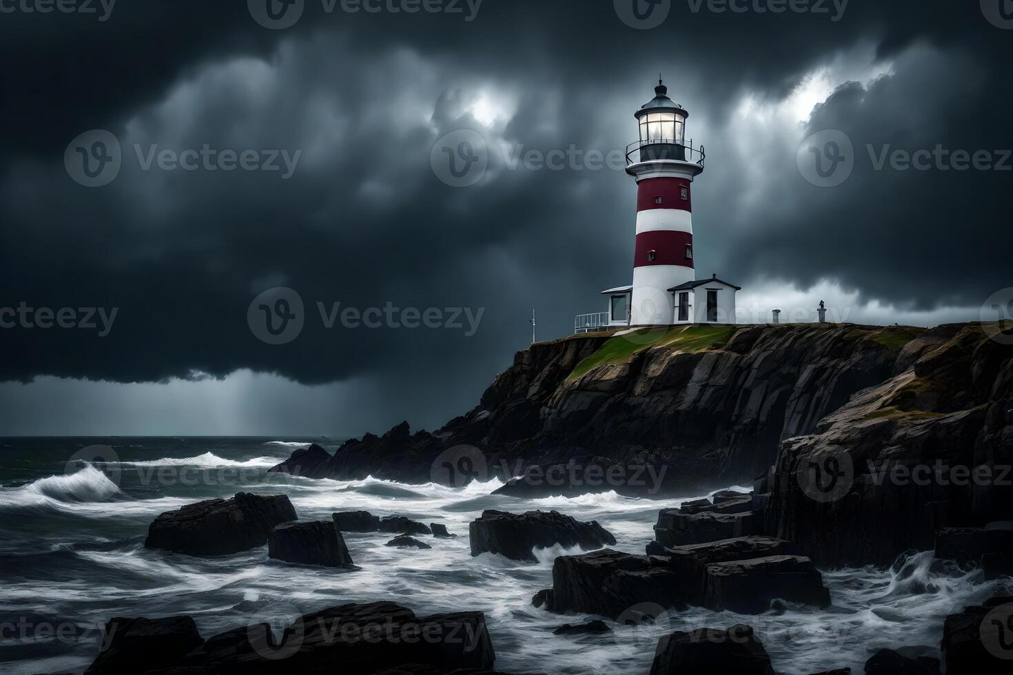 A tall tower near the ocean on a day with terrible weather, showing very dark gray colors that make you feel very sad.. Creative resource, photo