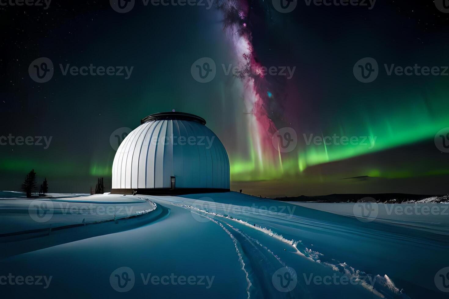 Plan an observatory with telescopes pointed at the night sky, capturing the enchantment of the Northern Lights. photo