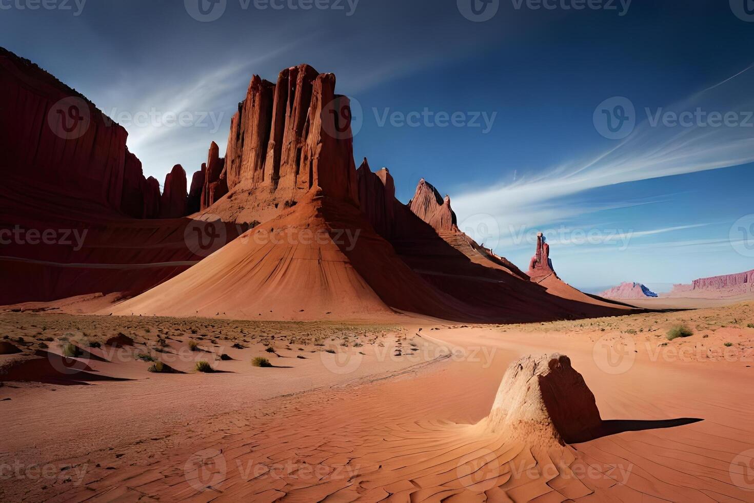 Magnificent ruddy shake arrangements rising against a clear blue sky in a leave scene. photo