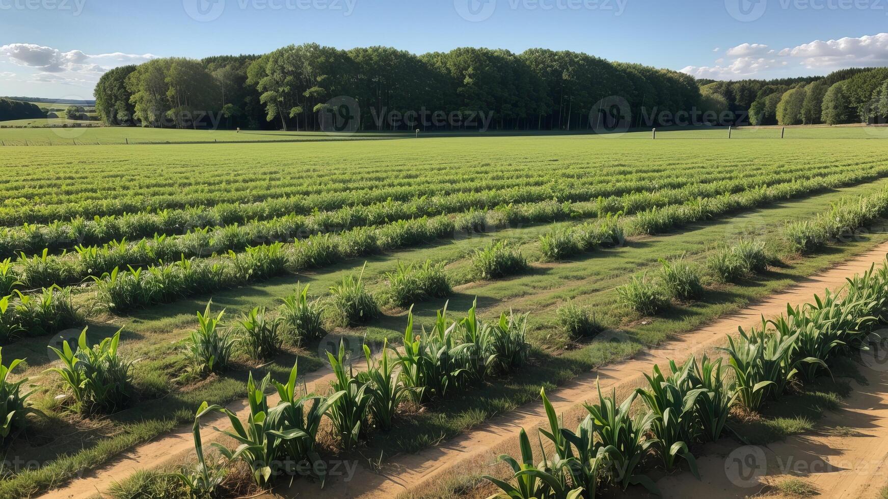 green columns of made corn on a private agrarian field. photo