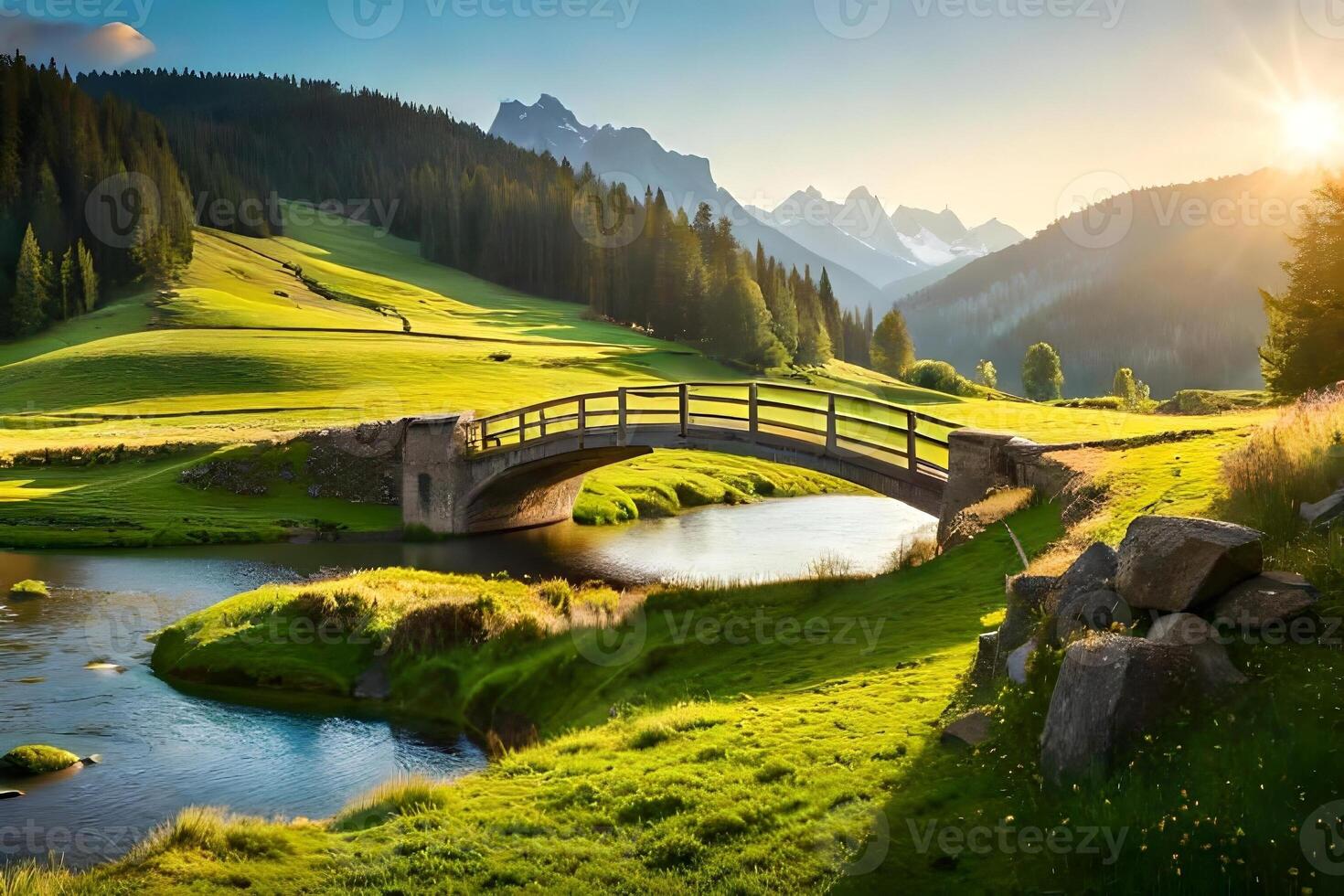 A passive voice countryside scene with a meandering river , grazing sheep , and a agrestic wooden bridge. Creative resource, photo