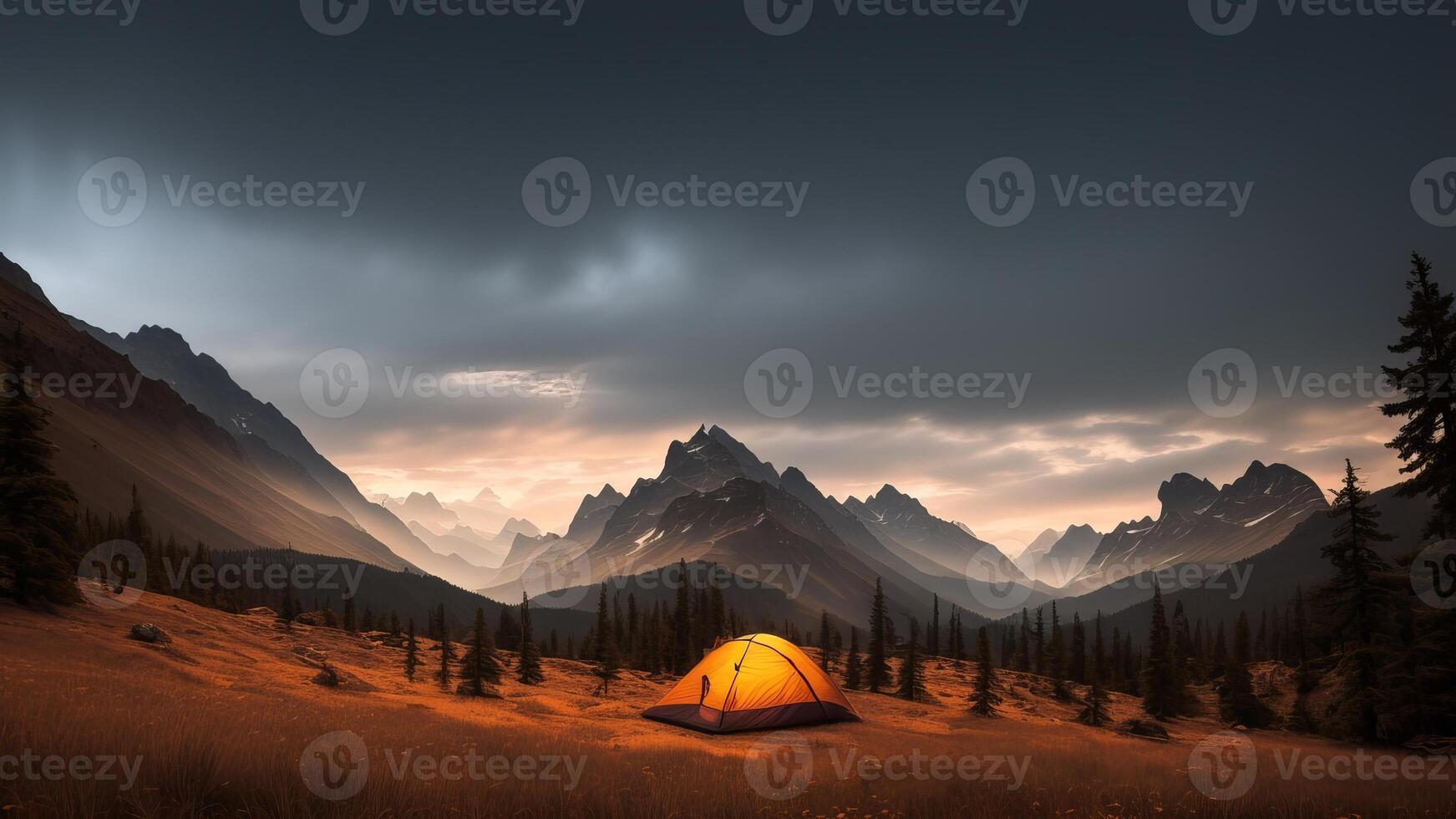 camping insides the mountains, tents insides the timberland. photo