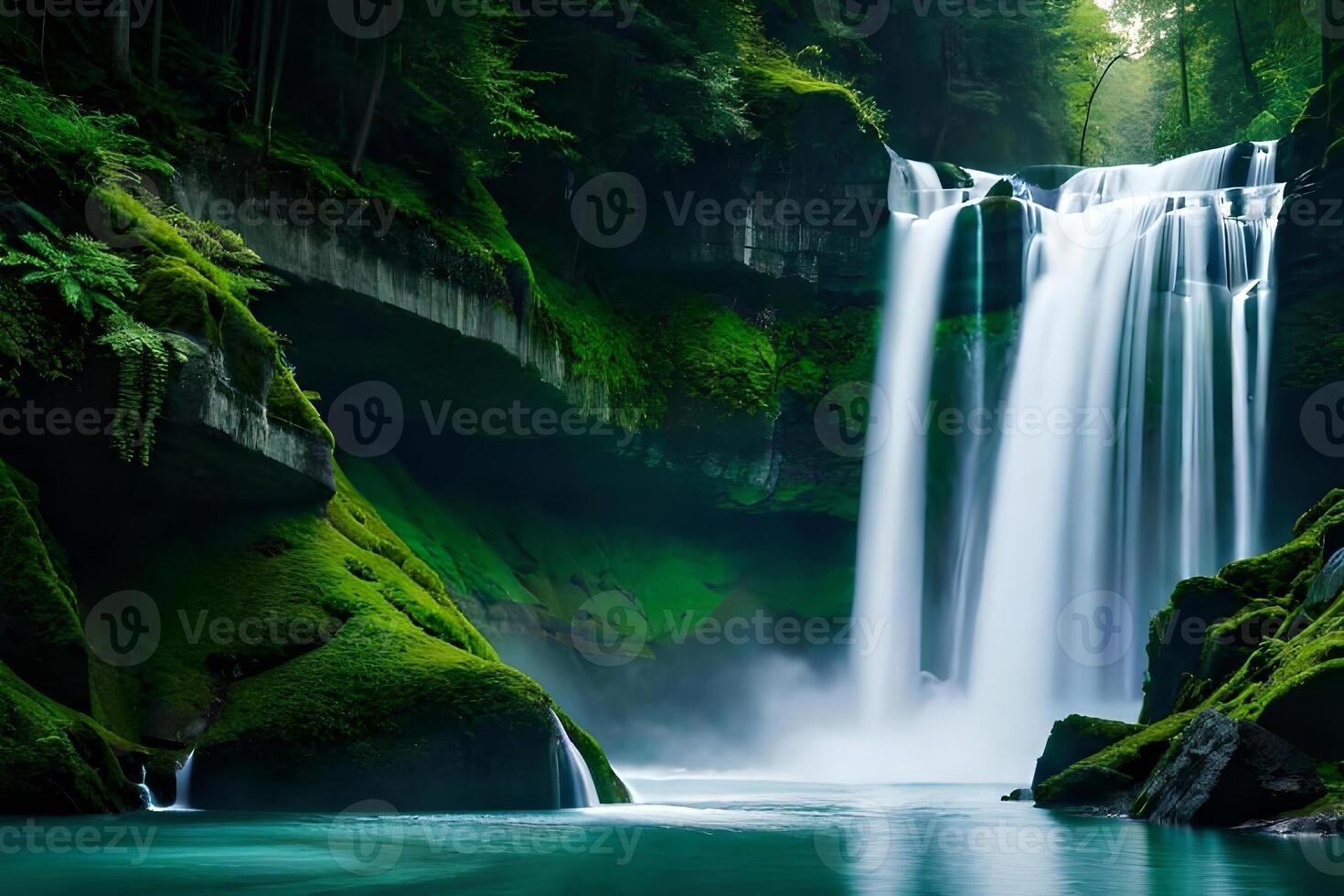 A imperial waterfall surrounded by alcoholic greenery and malefic , showcasing the baron and collision of nature. Creative resource, photo