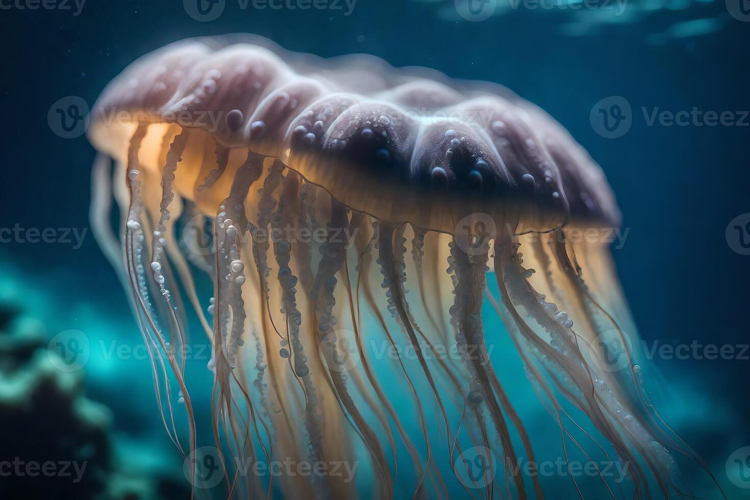 An ethereal jellyfish portrayed in mesmerizing submerged wide scale. Creative resource, photo