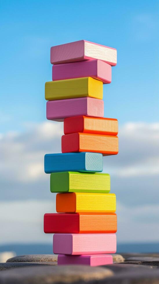 Colorful blocks stacked high in a tower photo