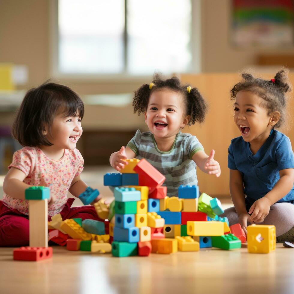 A group of children playing together and building with wooden blocks. photo