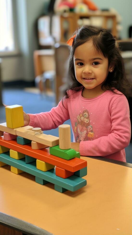 A young child using blocks to learn basic counting and math skills. photo