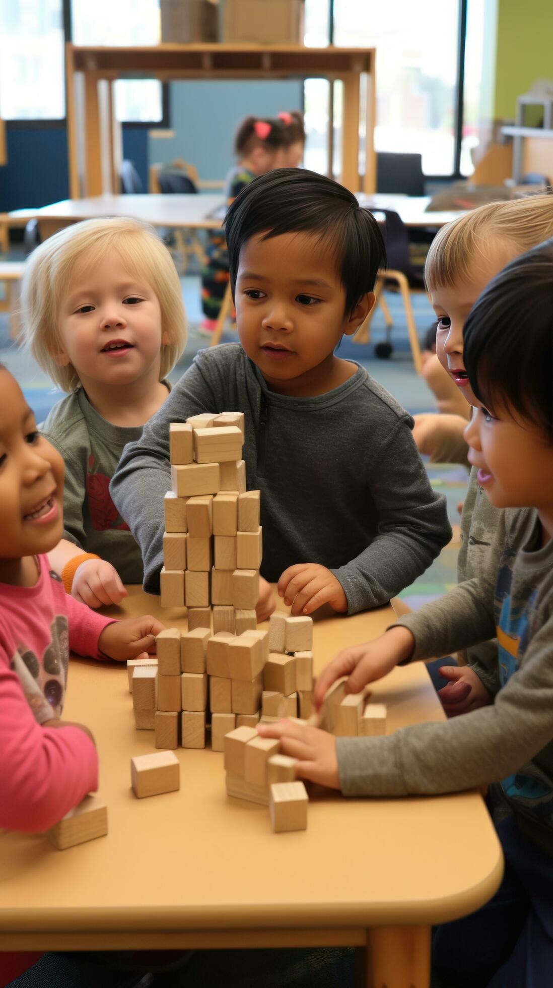 A group of children playing together and building with wooden blocks ...