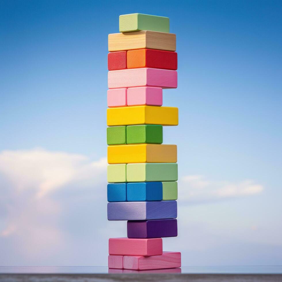 Colorful blocks stacked high in a tower photo