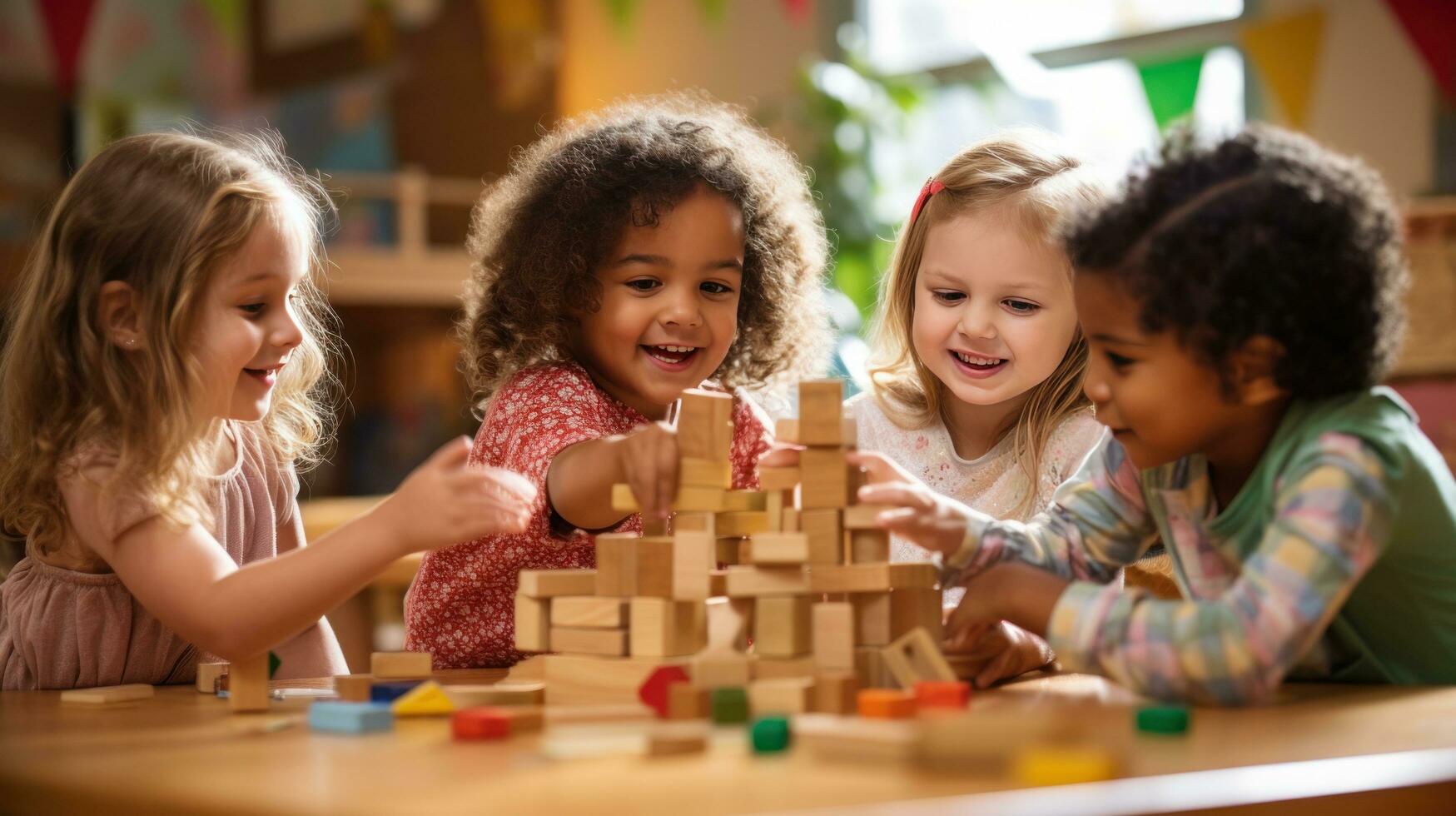 A group of children playing together and building with wooden blocks. photo