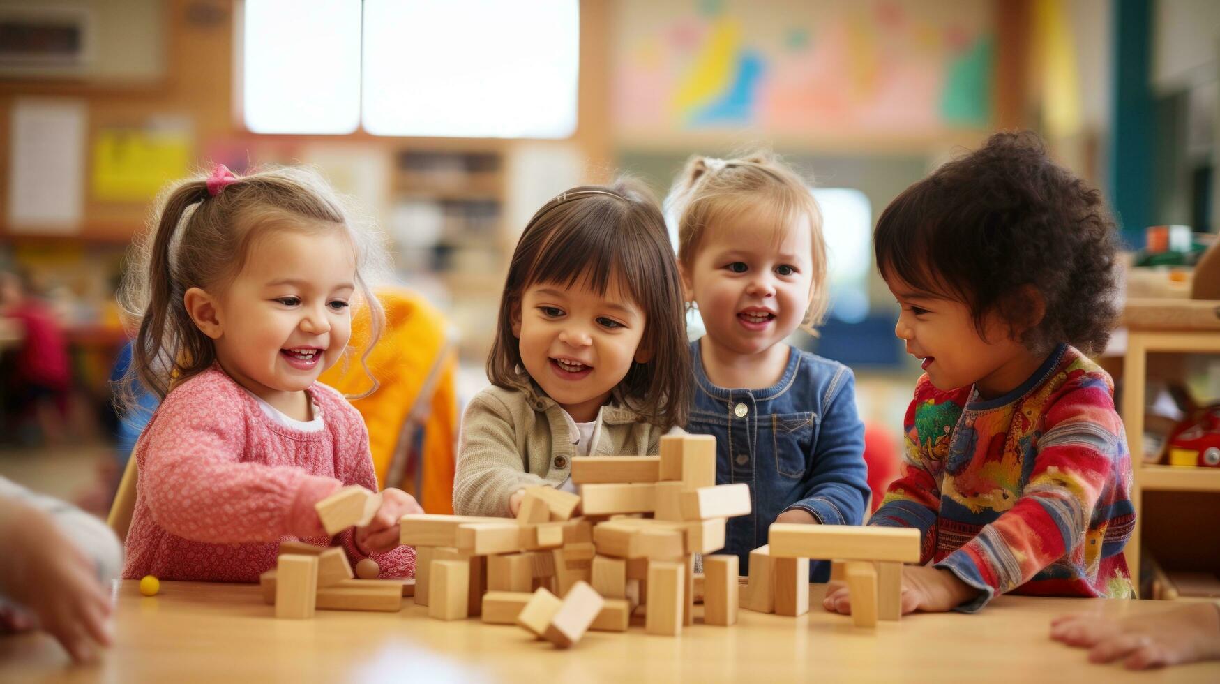 A group of children playing together and building with wooden blocks. photo
