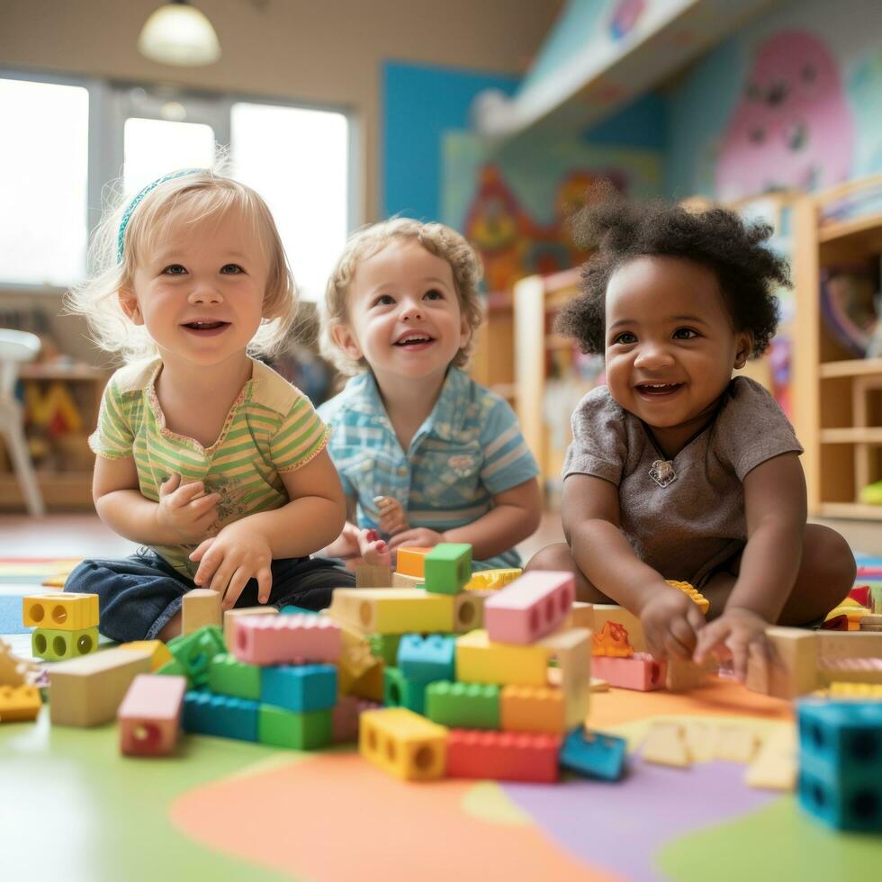 A group of children playing together and building with wooden blocks. photo