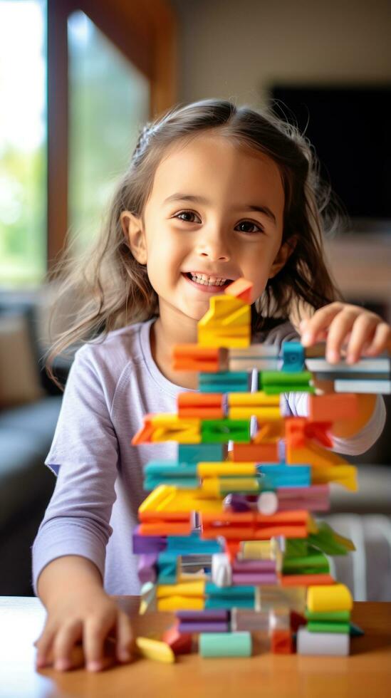 A little girl smiling while creating a rainbow tower with blocks photo