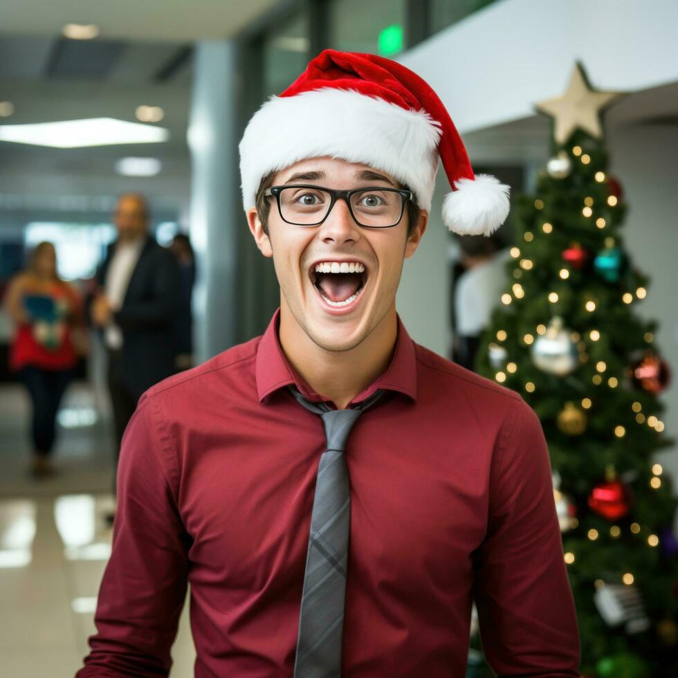 Excited and Surprised Young man in santa cap photo