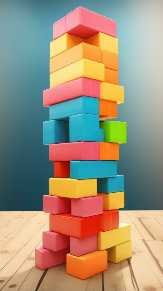 Colorful blocks stacked high in a tower photo