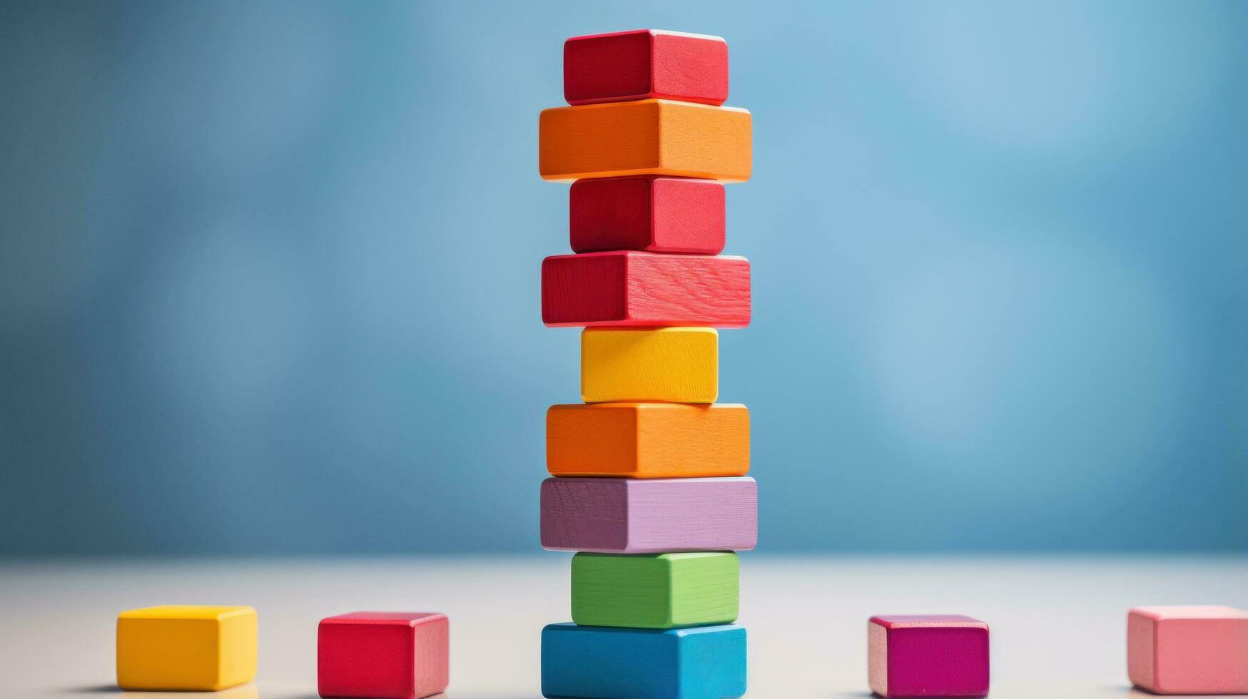 Colorful blocks stacked high in a tower photo