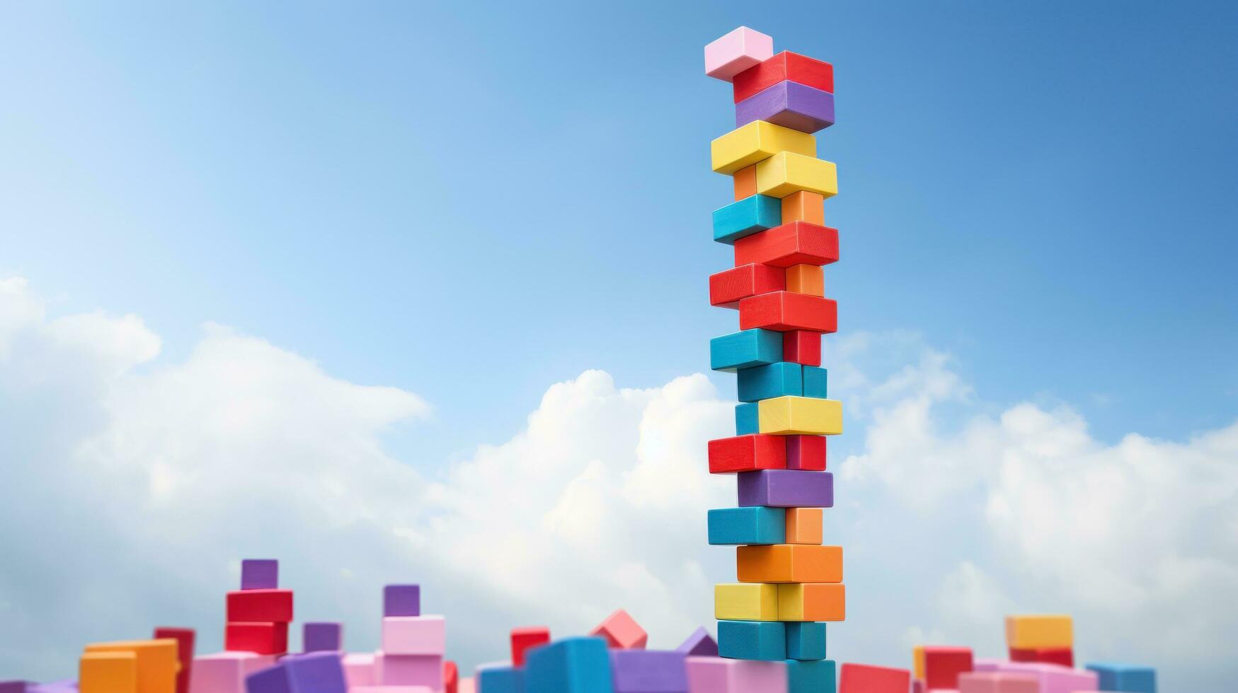 Colorful blocks stacked high in a tower photo