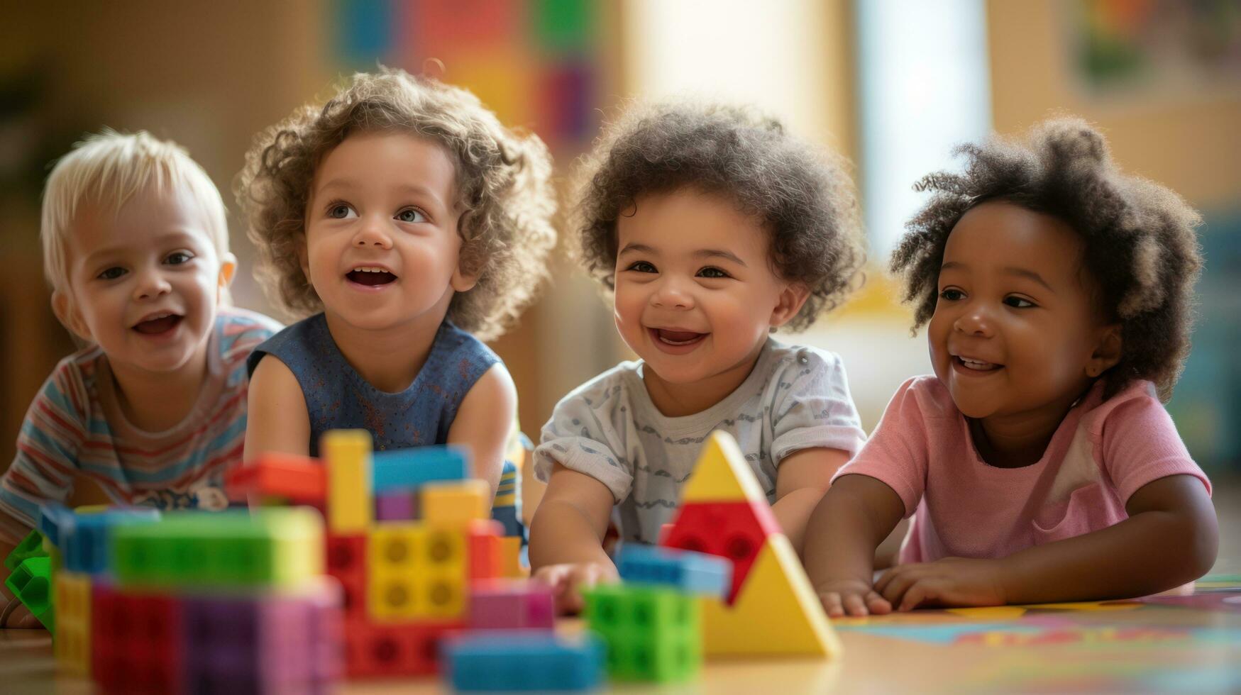 A group of children playing together and building with wooden blocks. photo