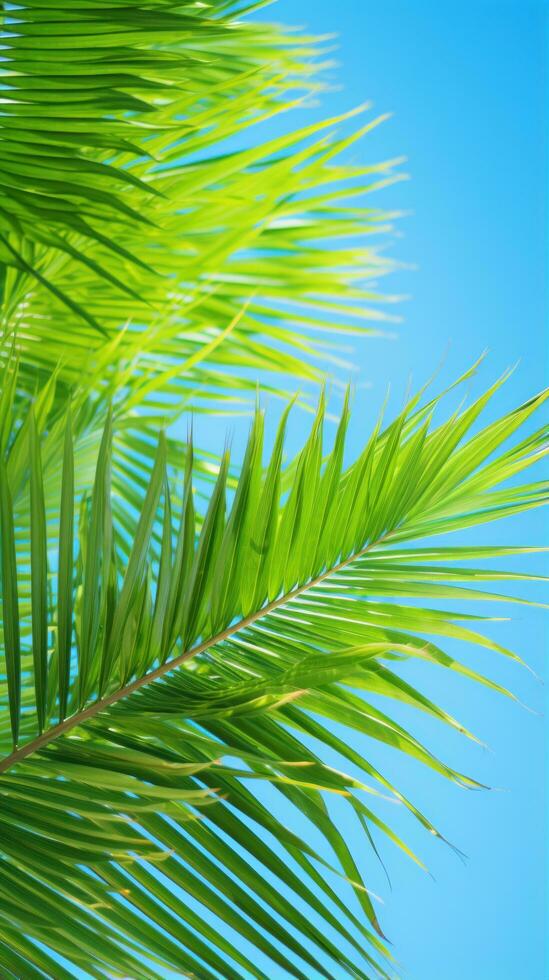 Vibrant green palm leaves against blue sky photo