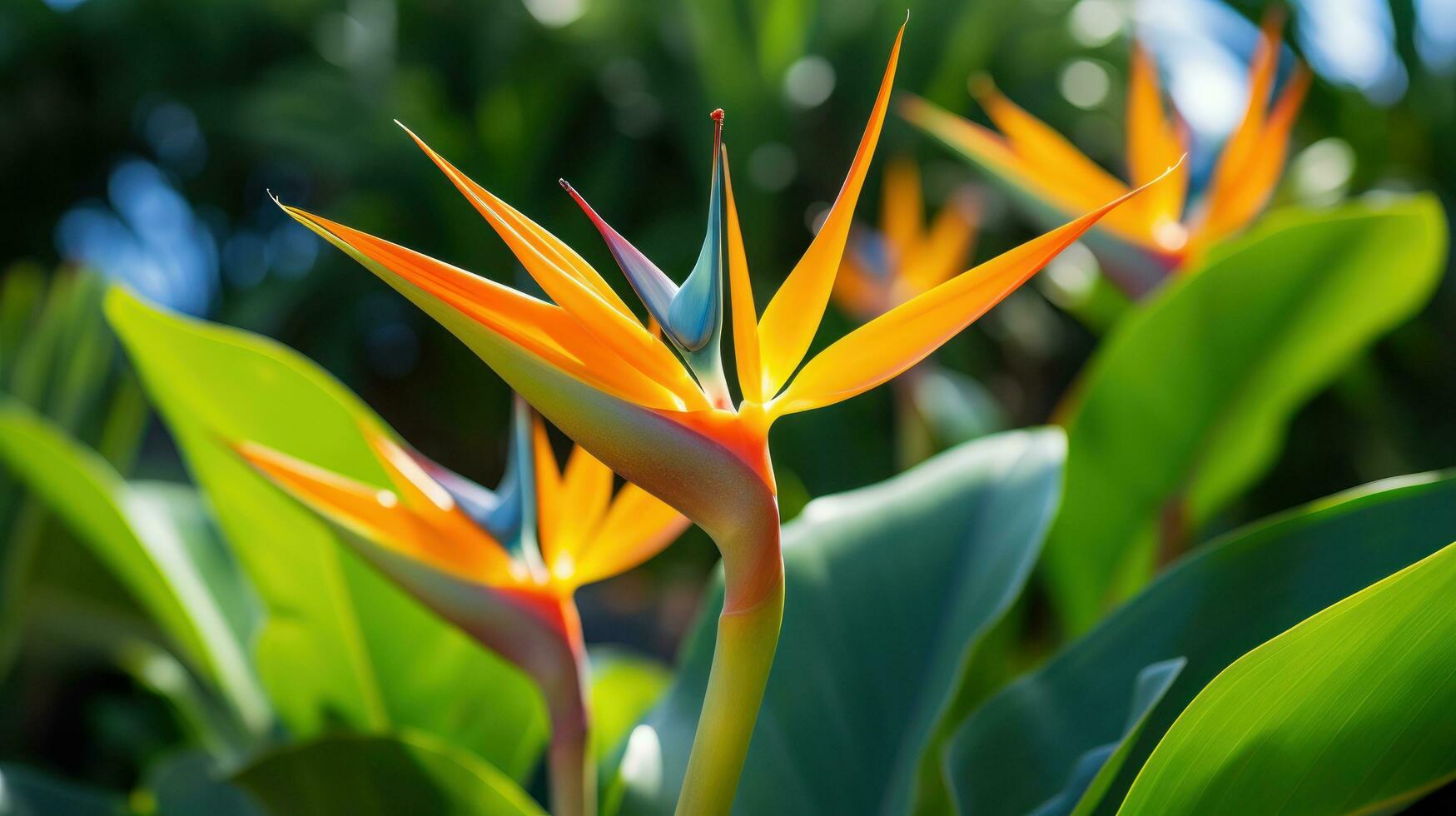 Bird of paradise leaves with orange flower photo