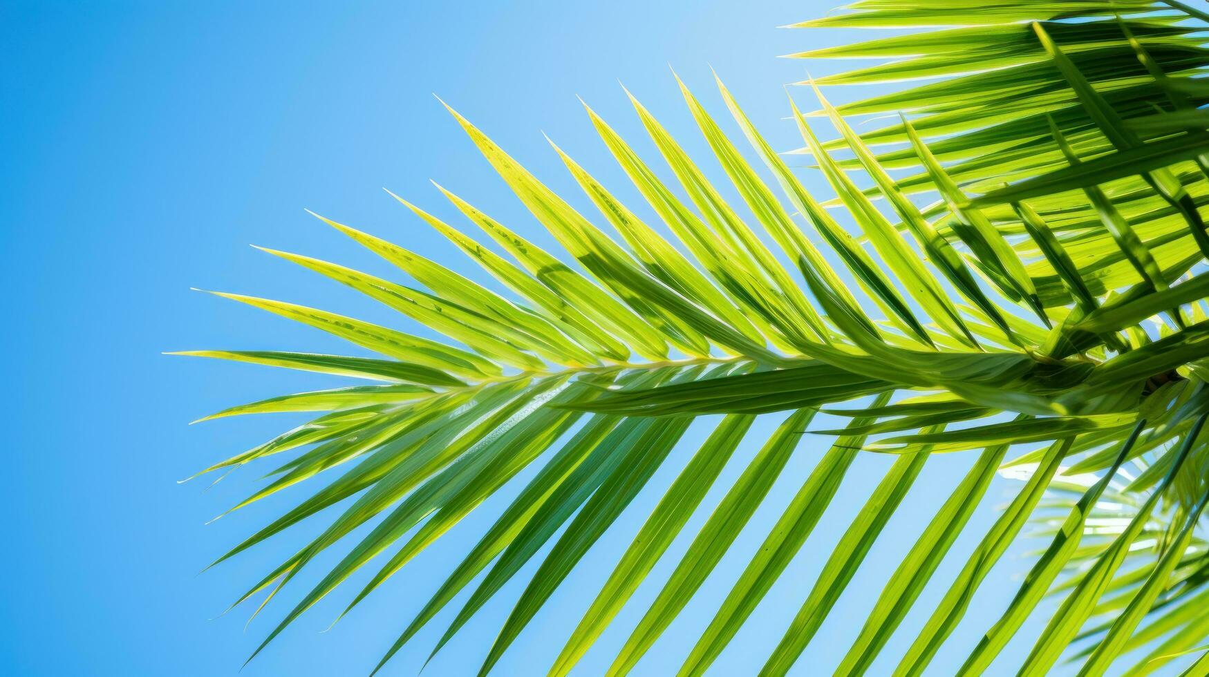 vibrante verde palma hojas en contra azul cielo foto