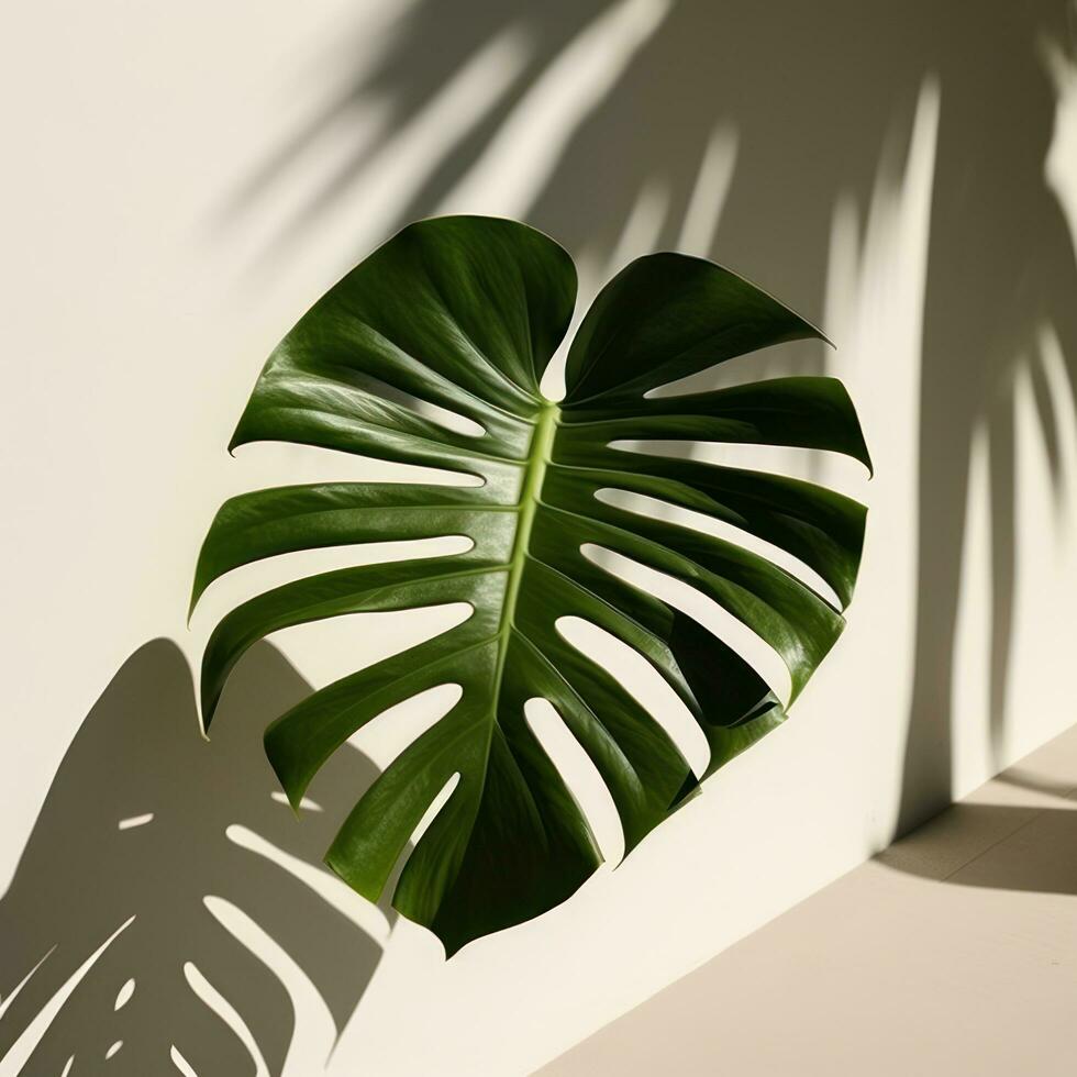 Monstera leaf with sunlight casting shadow photo