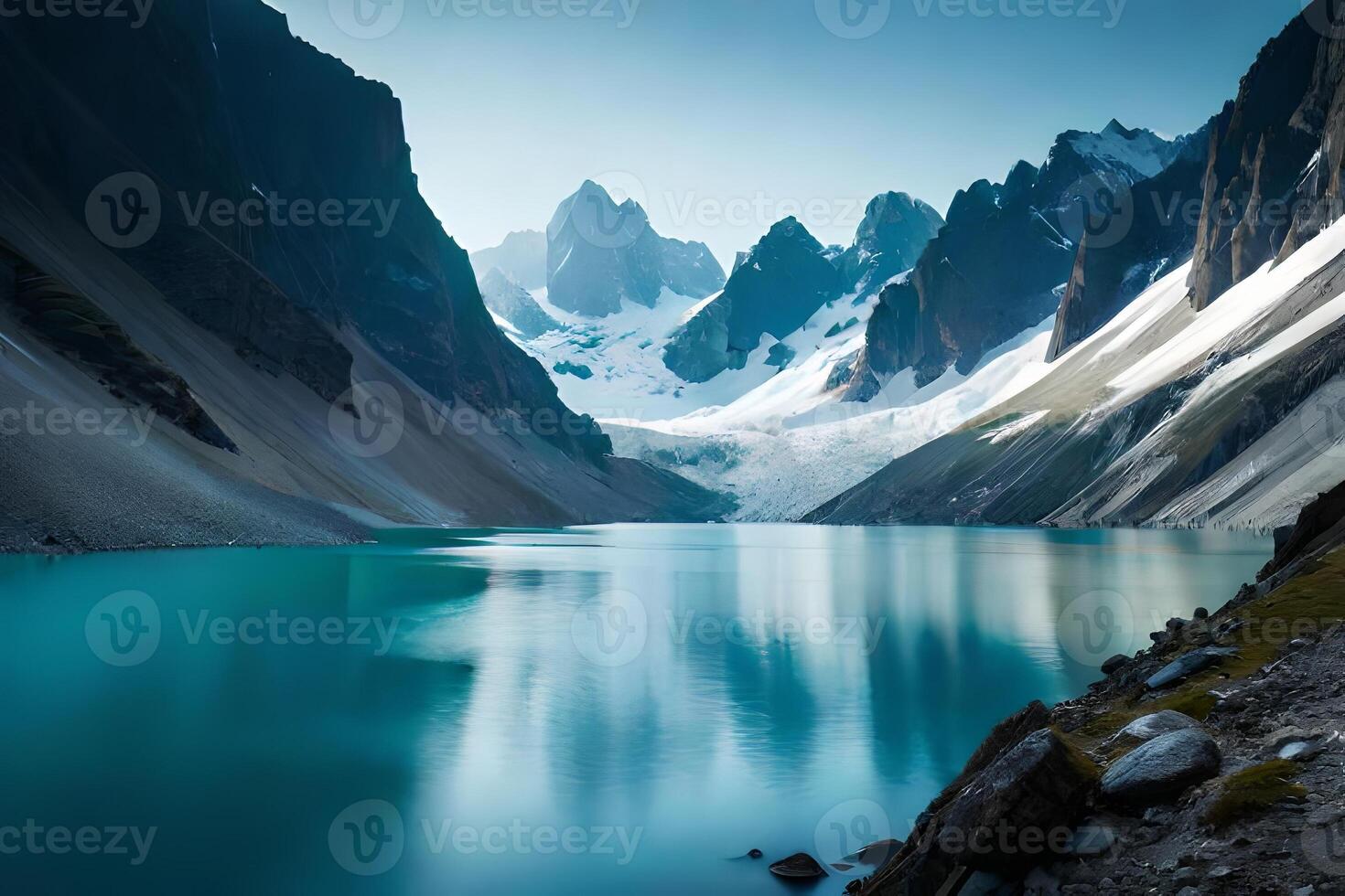 A idealize snow capped lake settled inner parts the center of towering ice sheets and snow capped peaks. Creative resource, photo