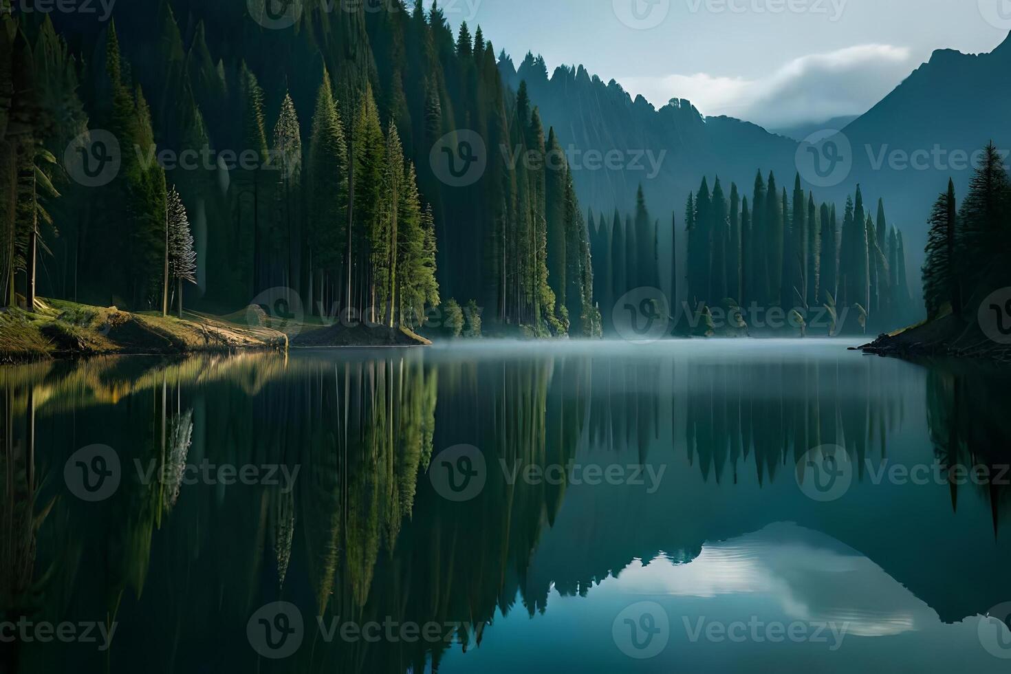 A cloudiness secured mountain lake with evergreen trees reflected on its sparkly surface. photo