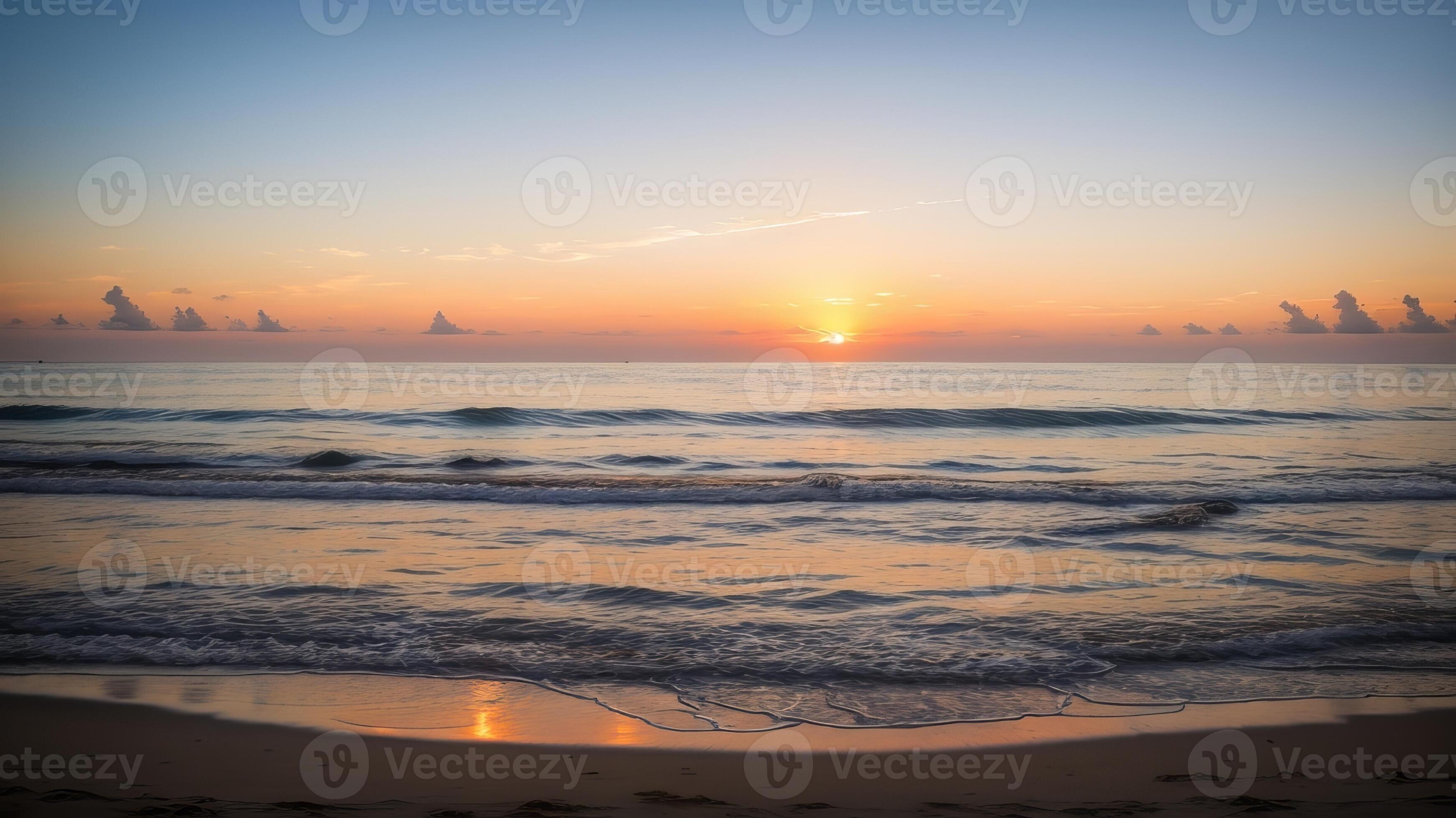 Calm Shoreline Nightfall. Make a calm and stunning shoreline scene with a colorful sunset over