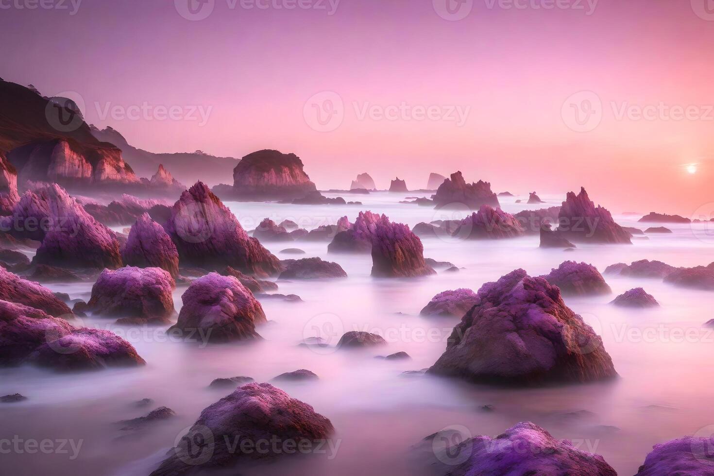 At sunrise, there are pretty pink and purple rocks along the coast.. Creative resource, photo