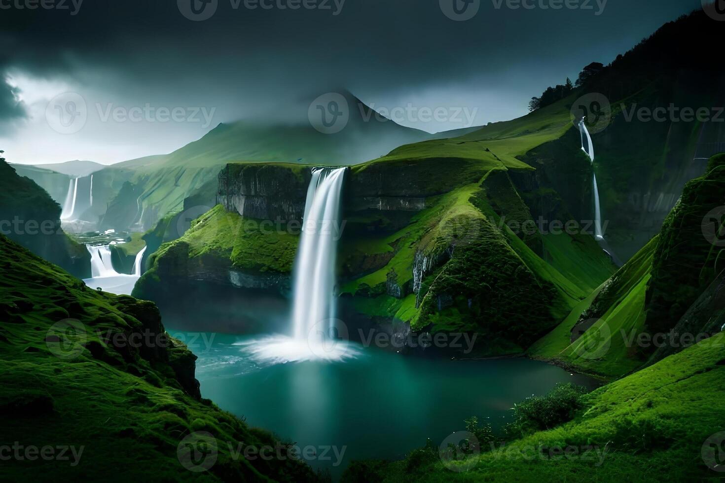 A imperial waterfall surrounded by alcoholic greenery and evil , showcasing the baron and collision of nature. Creative resource, photo