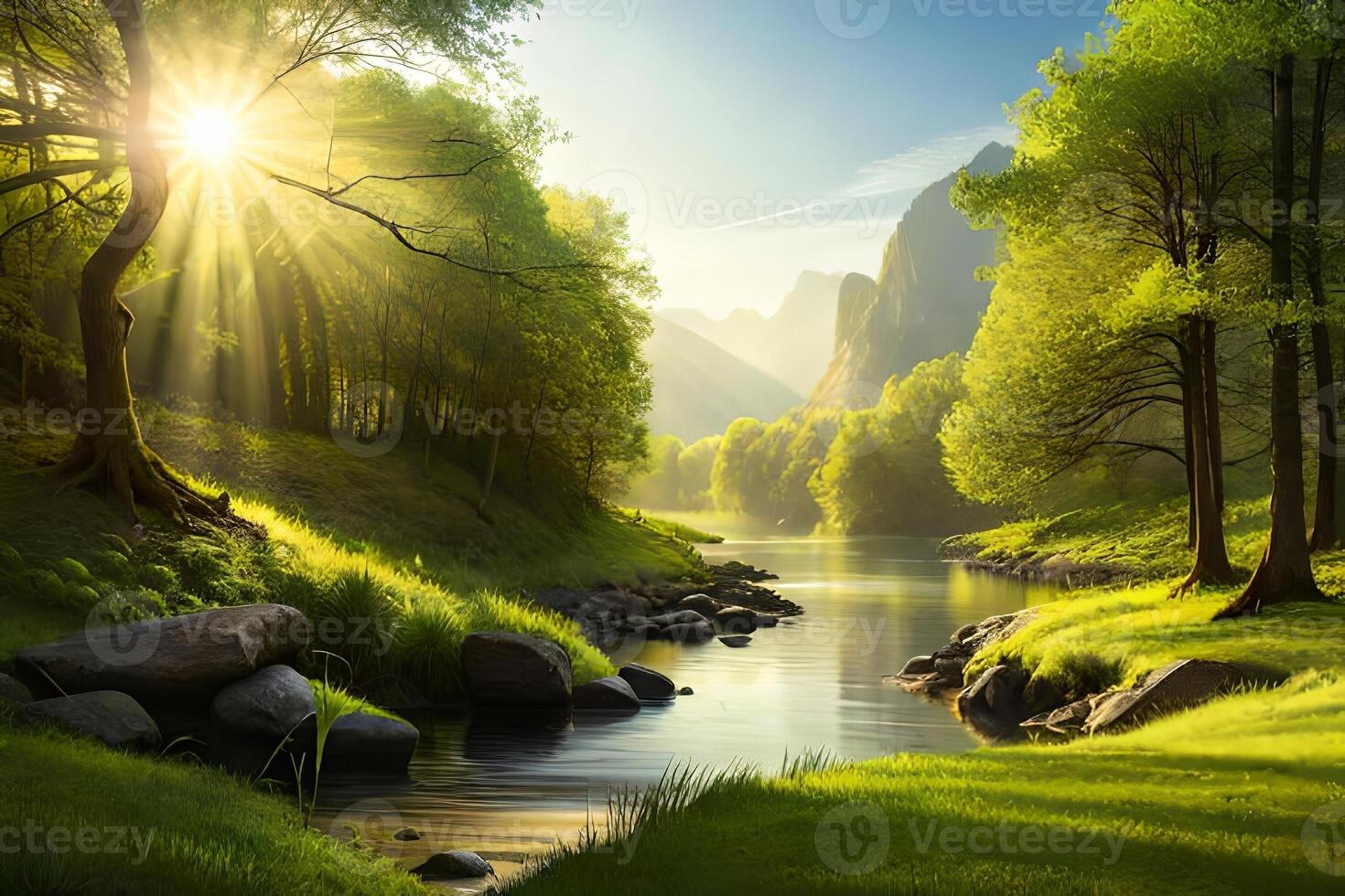 A calm timberland dale with a small stream and sunshine filtering through the canopy. photo