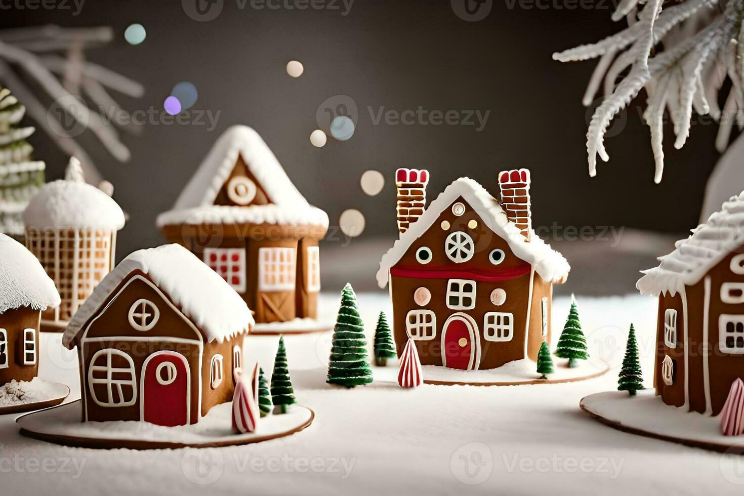 Make a unordinary town made completely of gingerbread, solidify to with icing housetops and sweet highlights. Ai Generated photo