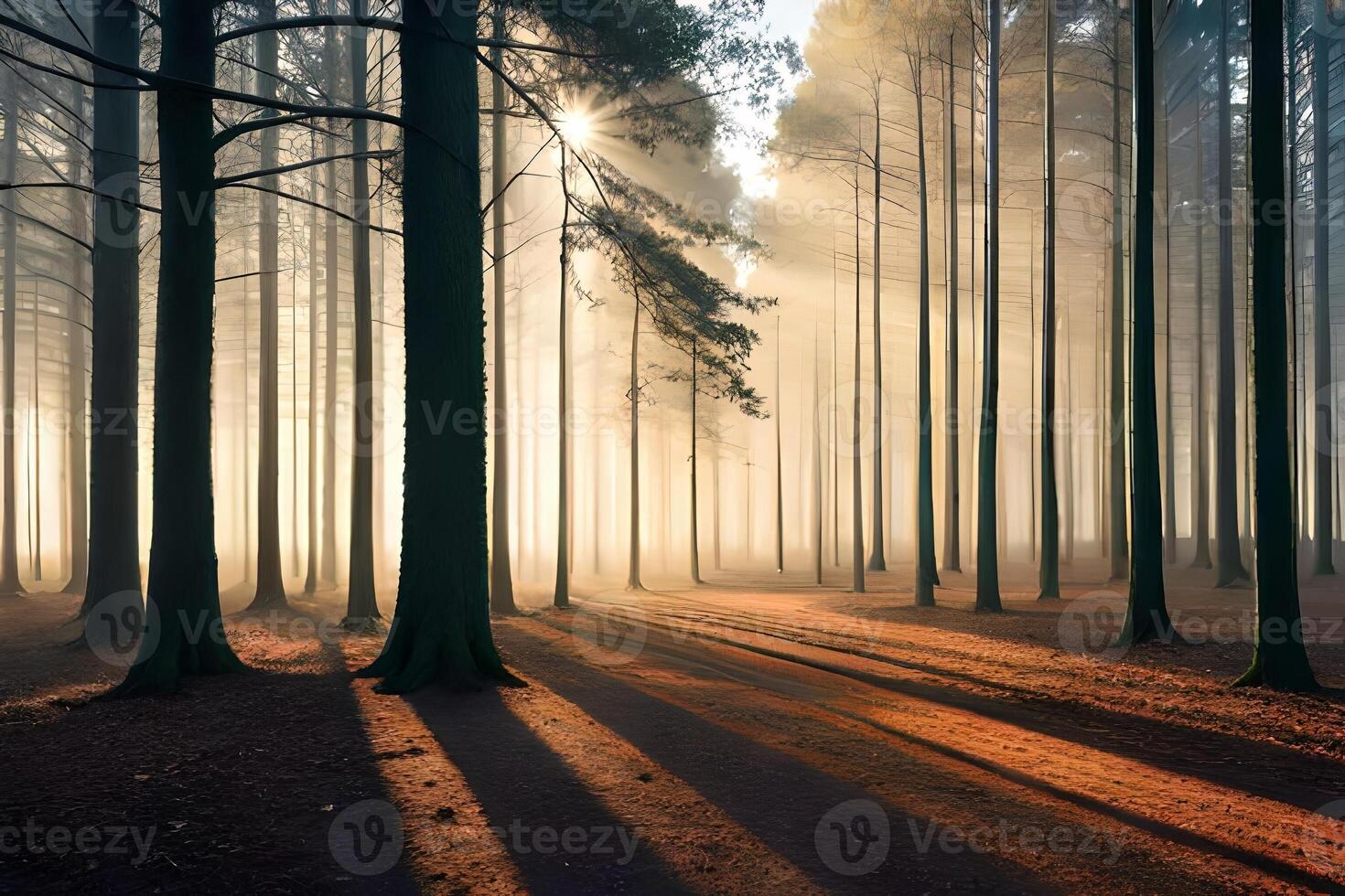 A calm morning see of a foggy timberland with bars of daylight entering through the trees. photo