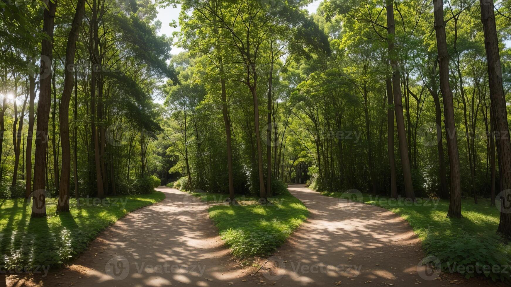 winding timberland pathway, dappled with daylight and included by over the beat greenery. photo
