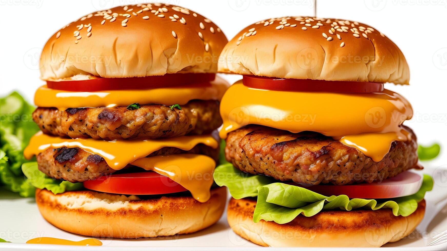 Tasty burger with numerous fixings confined on white foundation. photo