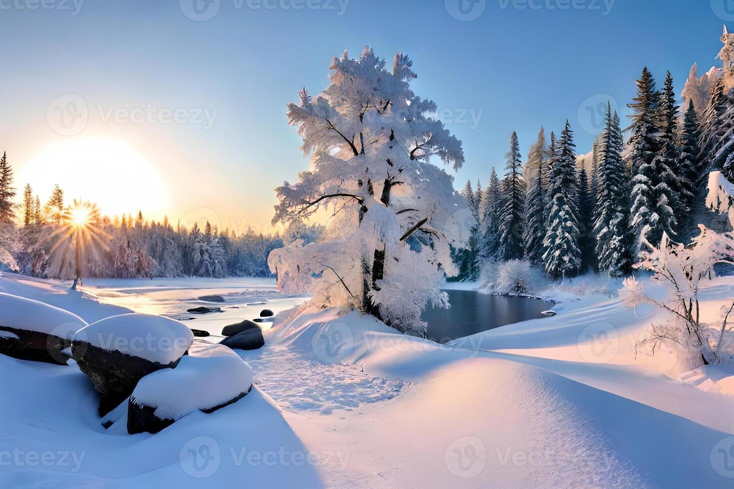 A winter wonderland scene with snow secured trees and a set stream. photo