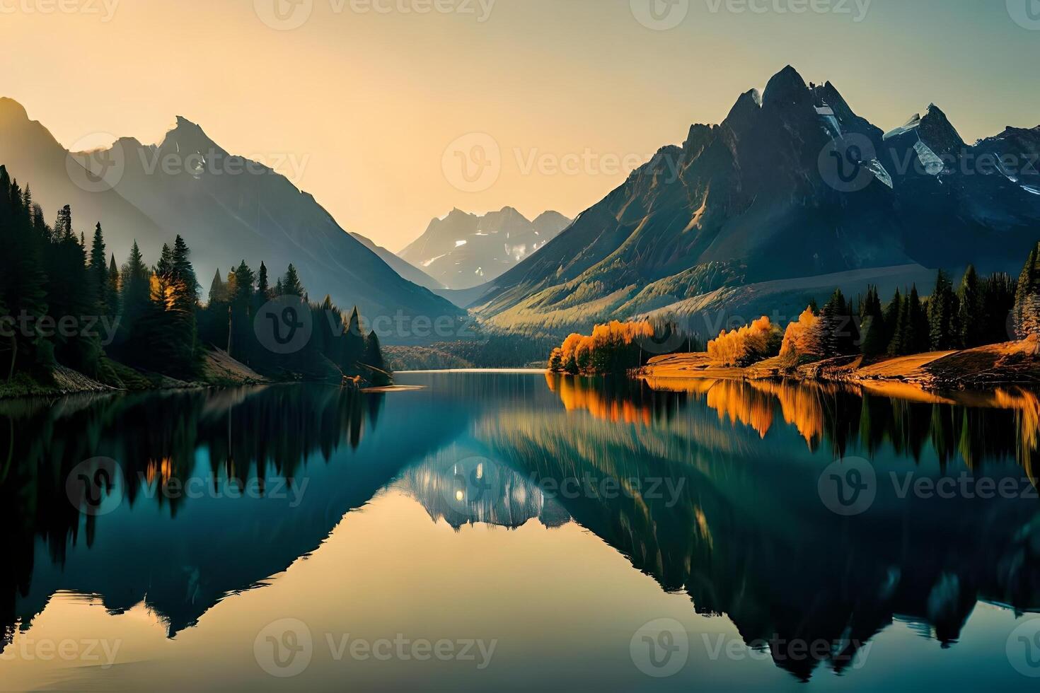 A calm lake reflecting the brilliant mountain crests that cement it. photo