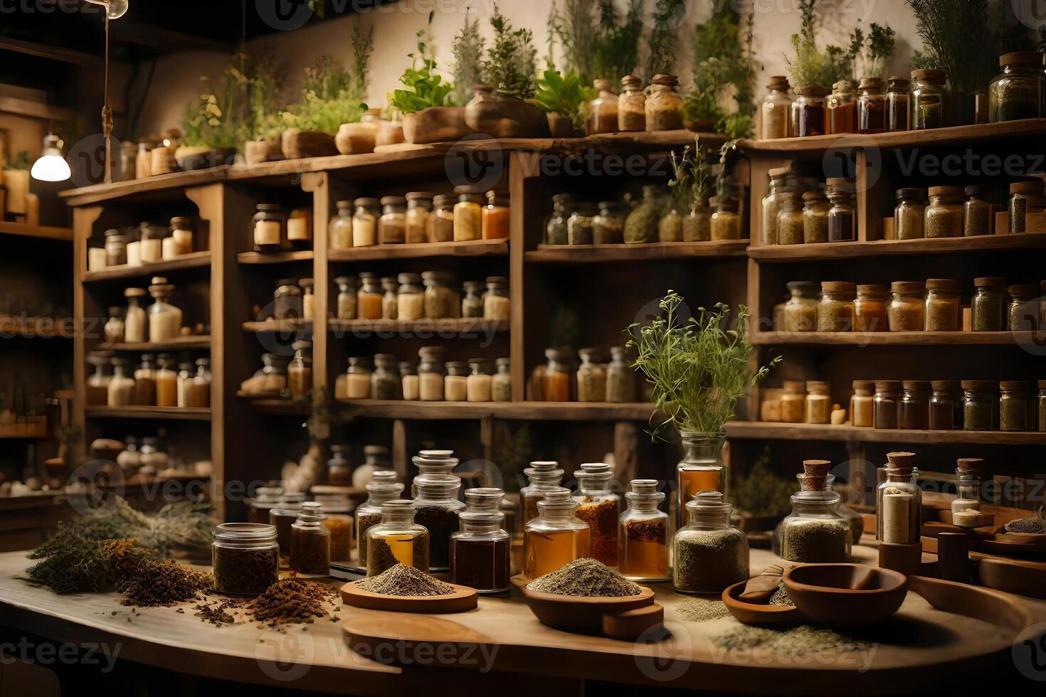 a cozy pharmacist shop brimming with dried herbs, botanical extricates, and all encompassing cures. Creative resource, photo