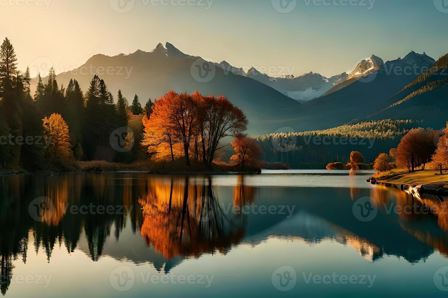Appear a calm lake or lake reflecting the heavenliness of the passing year and the freshness of the show day one. photo