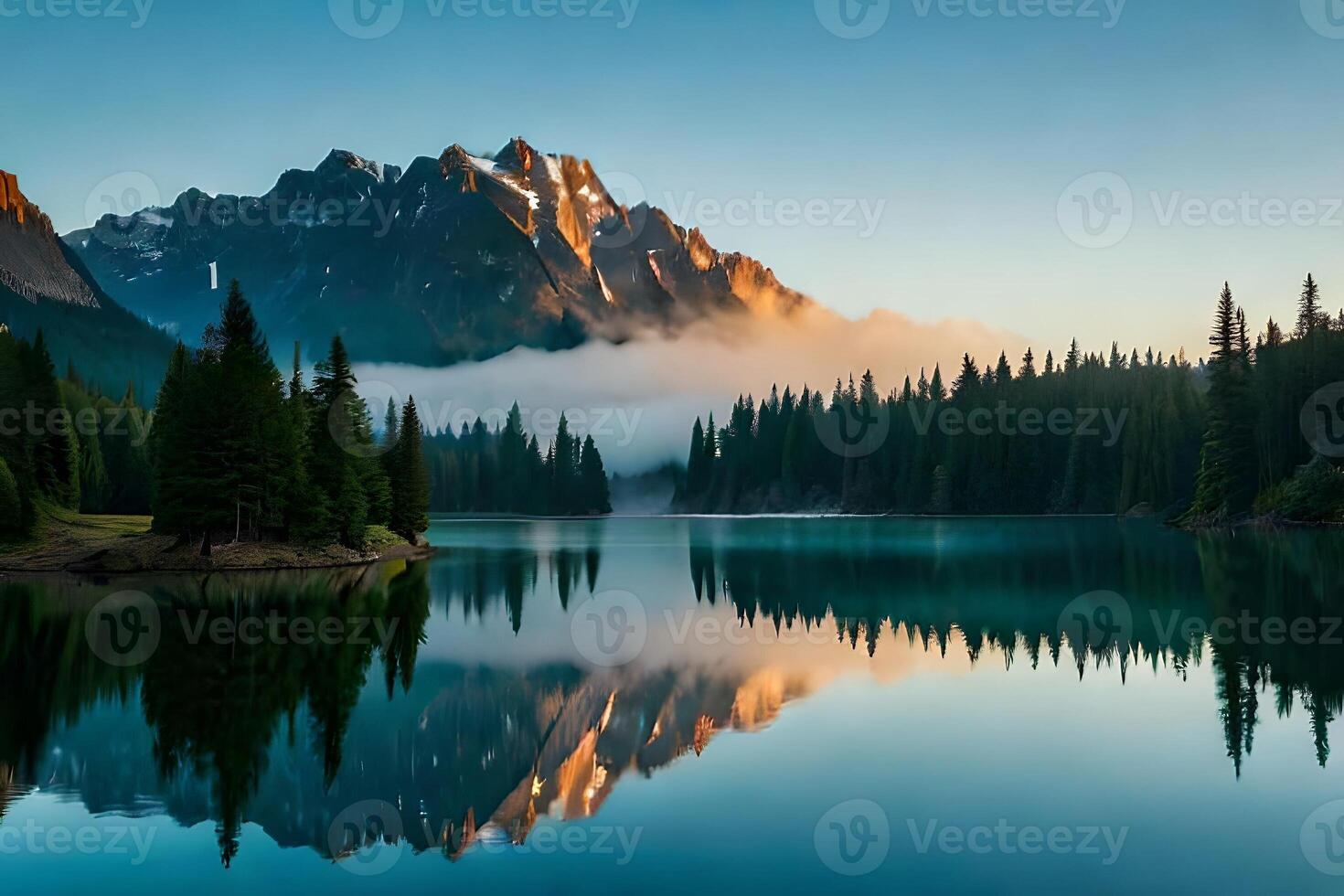 A cloudiness secured mountain lake with evergreen trees reflected on its sparkly surface. Creative resource, photo