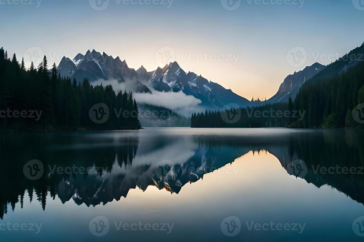 A cloudiness secured mountain lake with evergreen trees reflected on its sparkly surface. photo