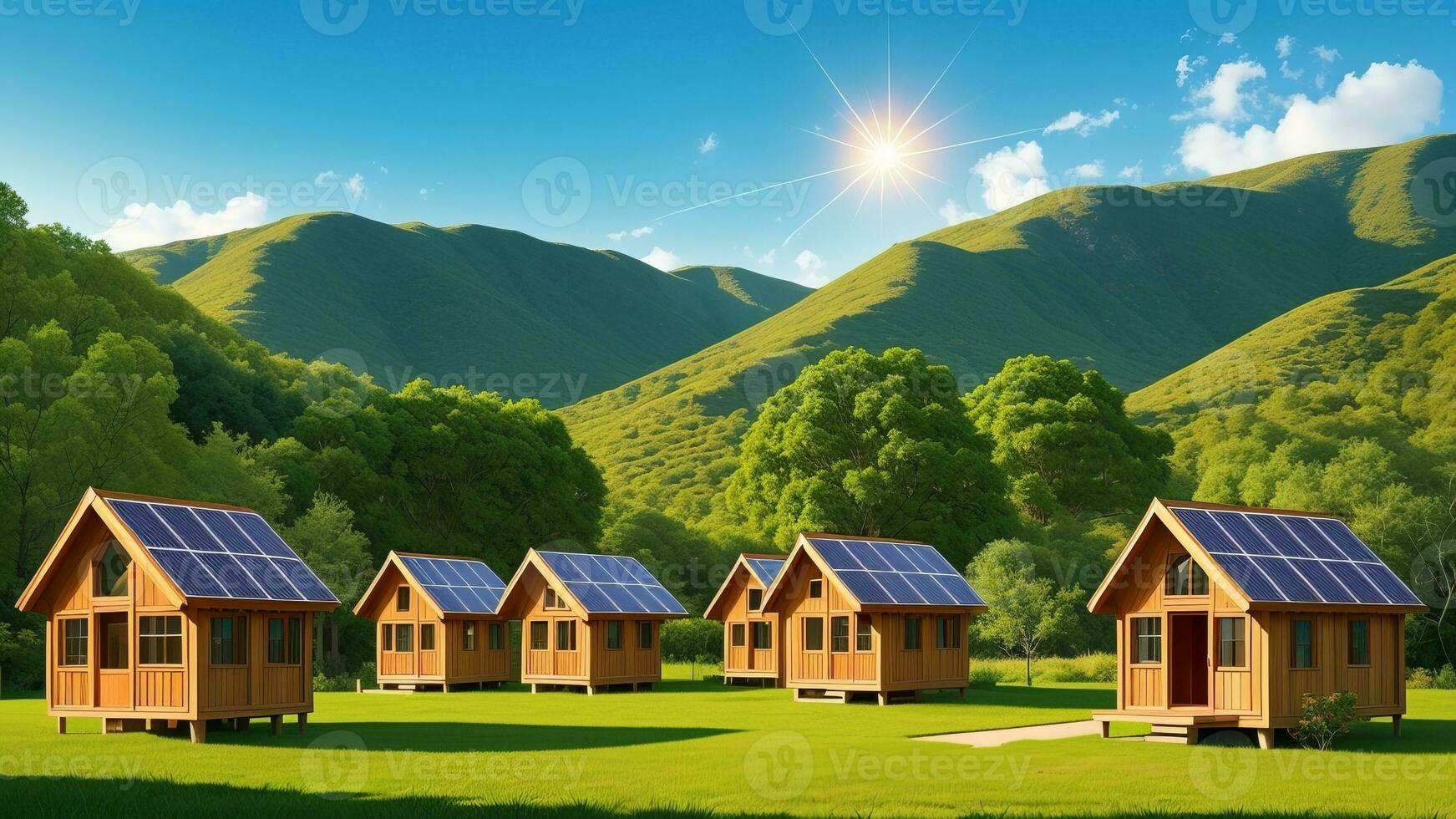 A peaceful village where nature and technology come together, with treehouses powered by the sun. Illustration, AI Generated photo