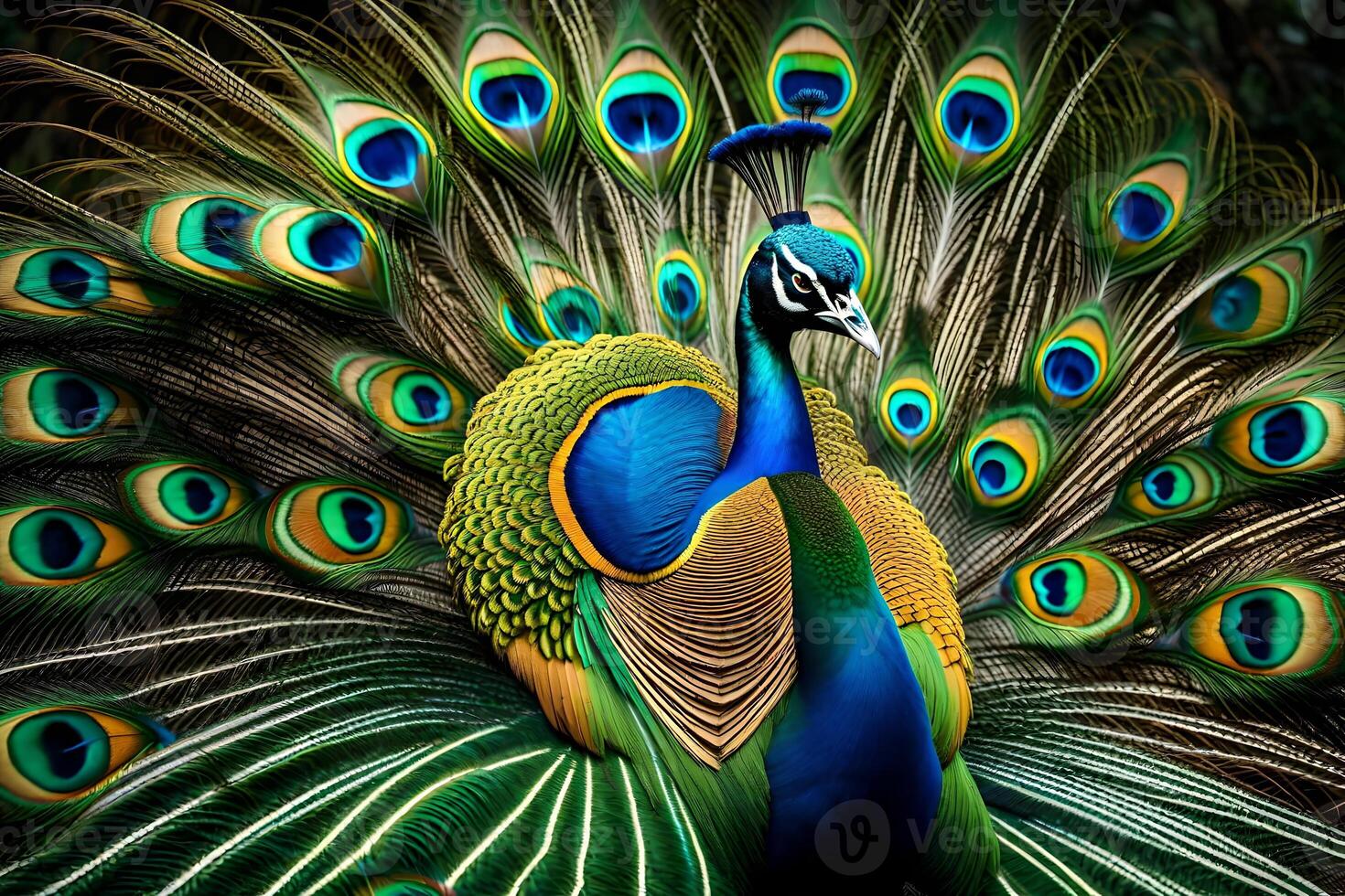 A brilliant peacock portrayed in energetic plumage. Creative resource, photo
