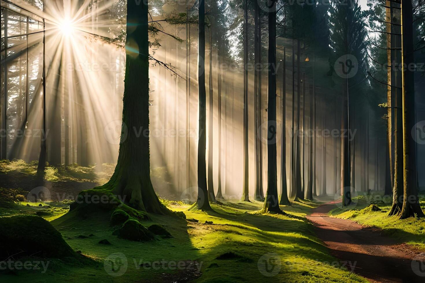 A calm morning see of a foggy timberland with bars of sunshine entering through the trees. photo