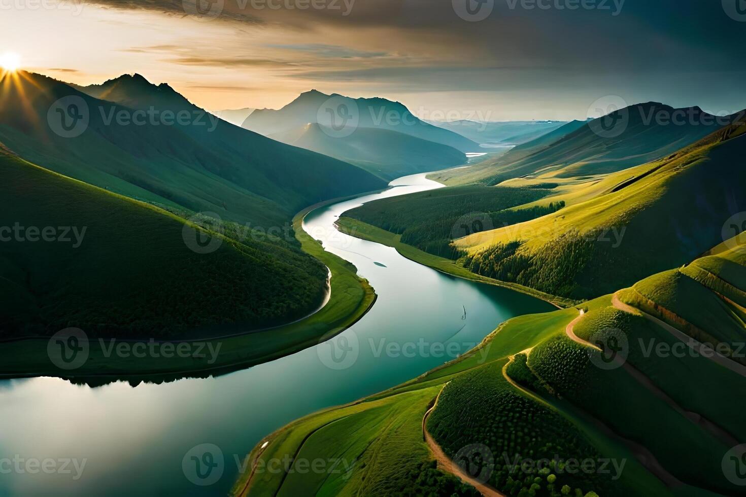 An aerial watch of a scent river flowing through a dense afforest , creating a captivating natural radiation pattern. Creative resource, photo