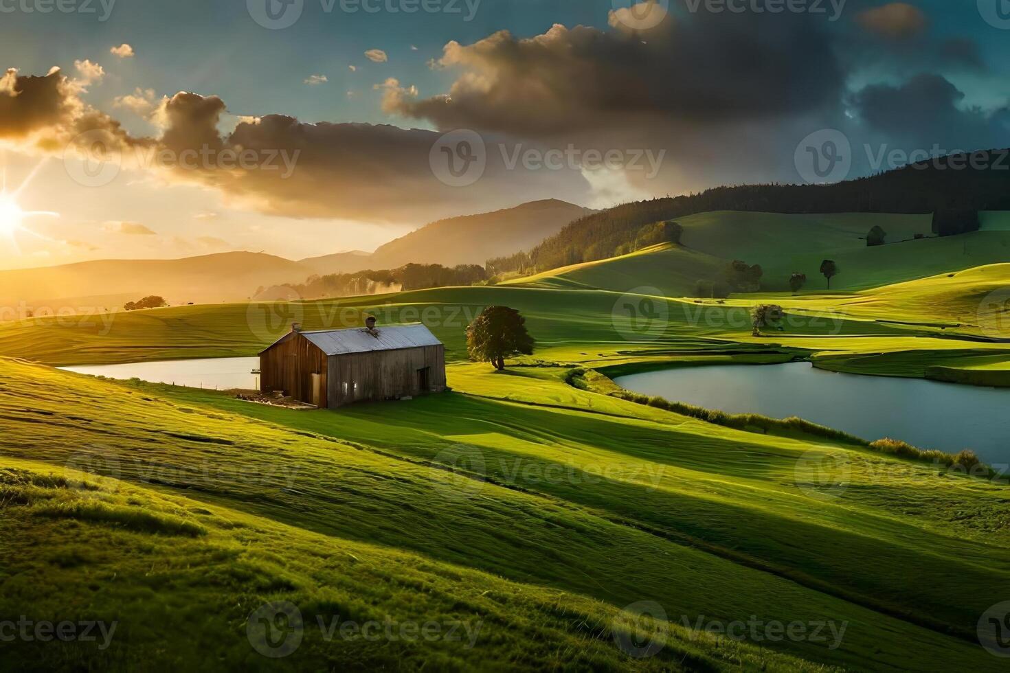 A picturesque countryside landscape with a wind river , alcoholic Green hayfield , and a allow farmhouse. Creative resource, photo