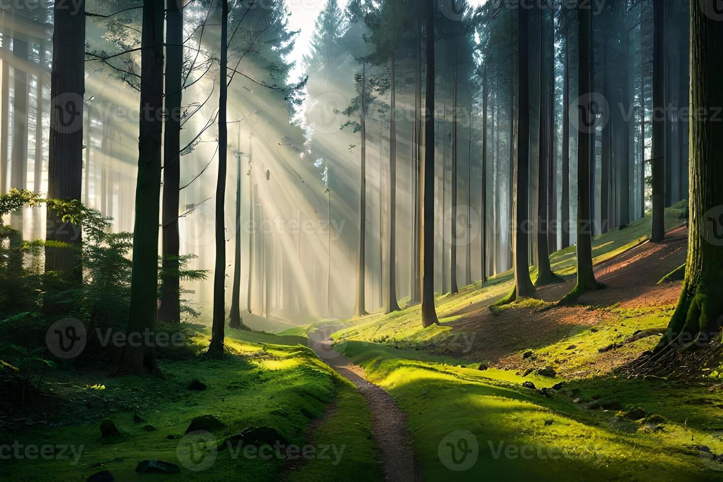 A calm morning see of a foggy timberland with bars of sunshine entering through the trees. photo